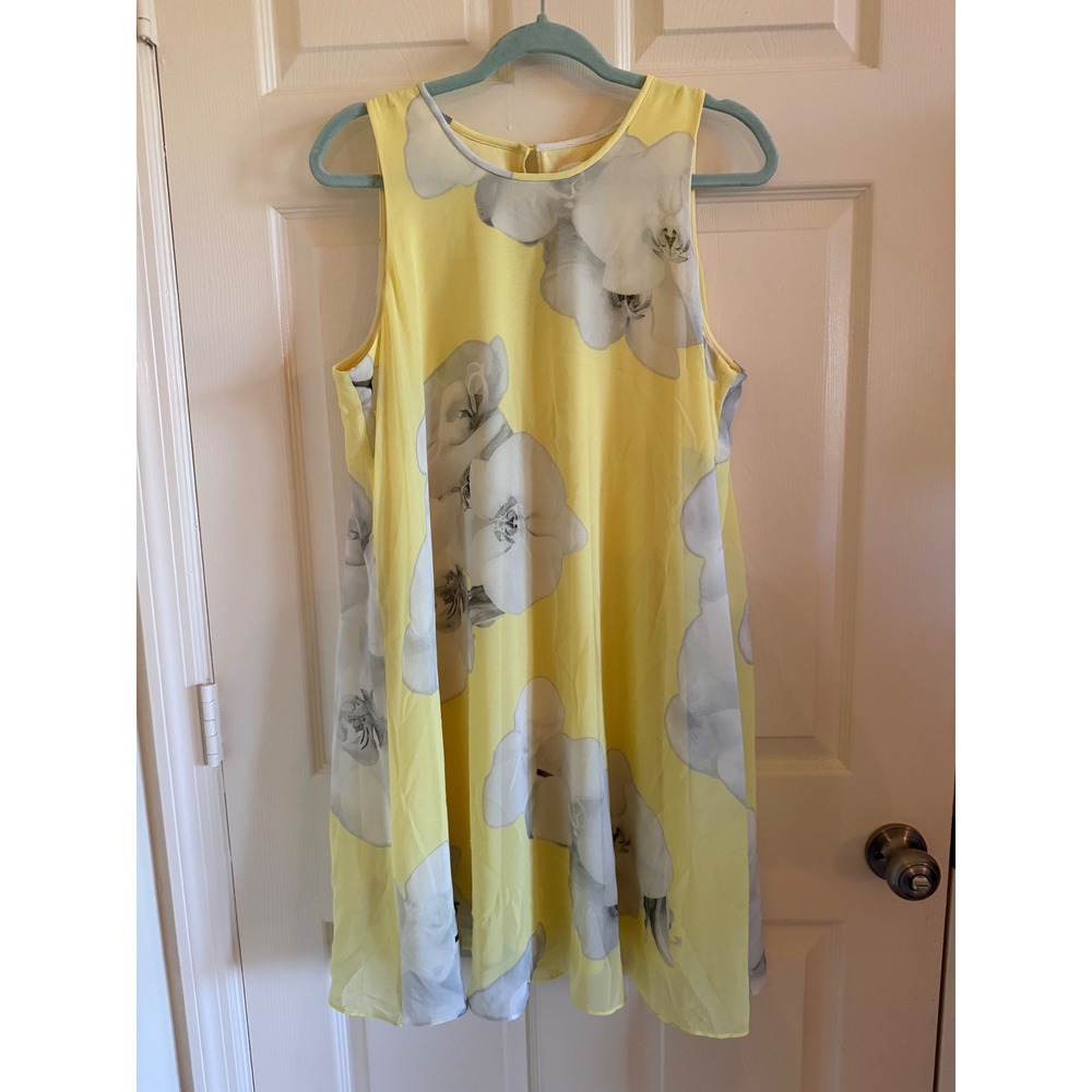 Calvin Klein Womens Yellow Floral Orchid Print Sleeveless Shift Dress Size 14
